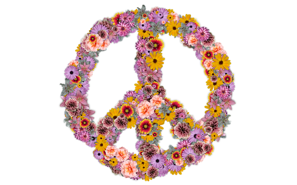 peace sign made of colorful flowers
