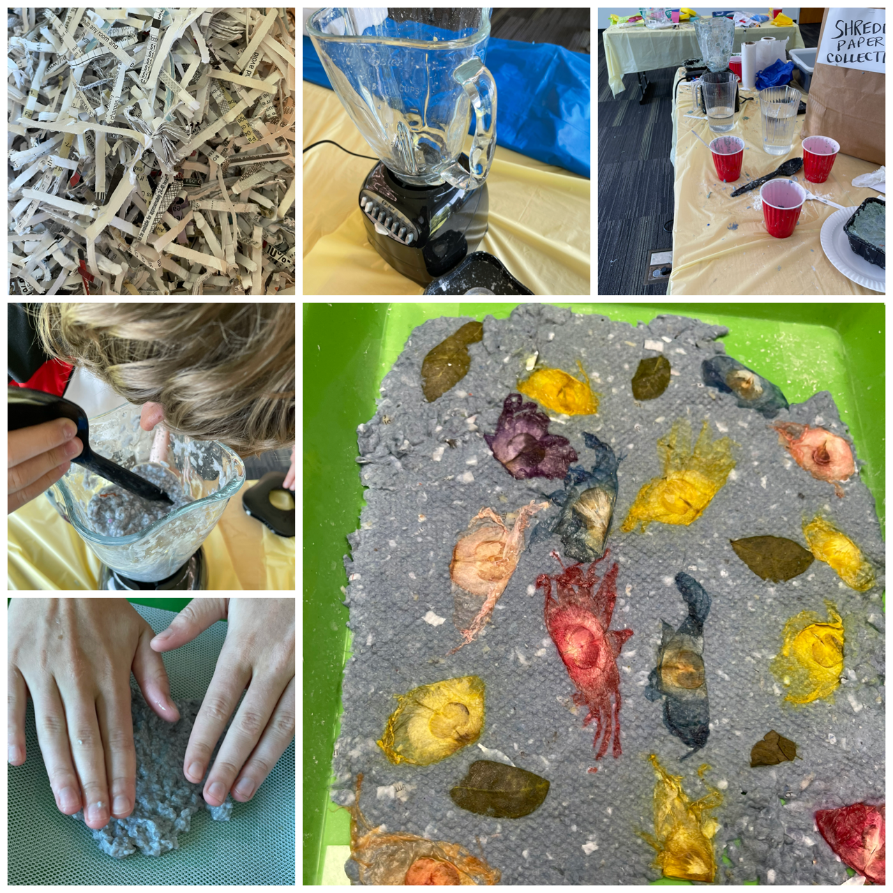 collage of pictures of the paper making process: shredded paper, blender, supplies, hands on pulp, spoon on pulp and finished paper with pressed flowers