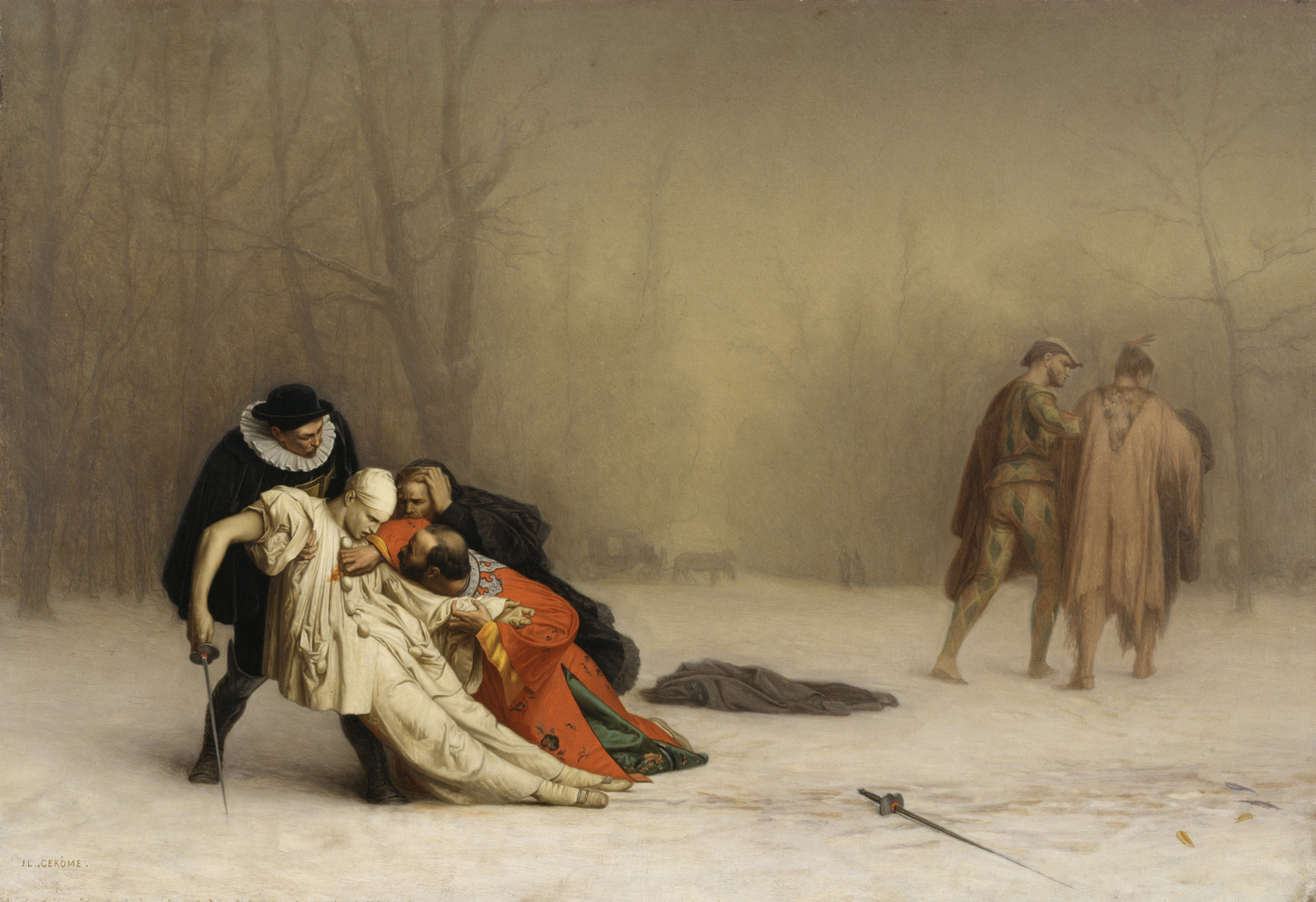 A duelist in white clothes lies injured in the arms of his friend dressed in black and his lover in red while the other duelist walks away in the mist