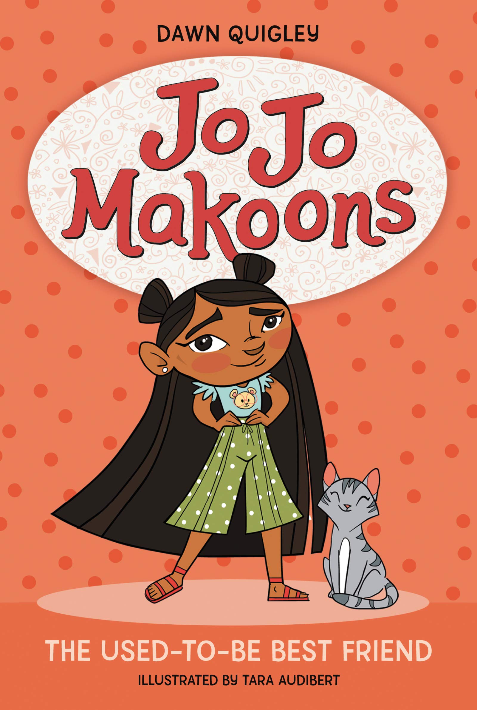 Cover of JoJo Makoons: The Used-to-Be Best Friend, by Dawn Quigley, showing a girl with very long dark brown hair standing with hands on her hips with a gray cat sitting next to her, on an orange background.
