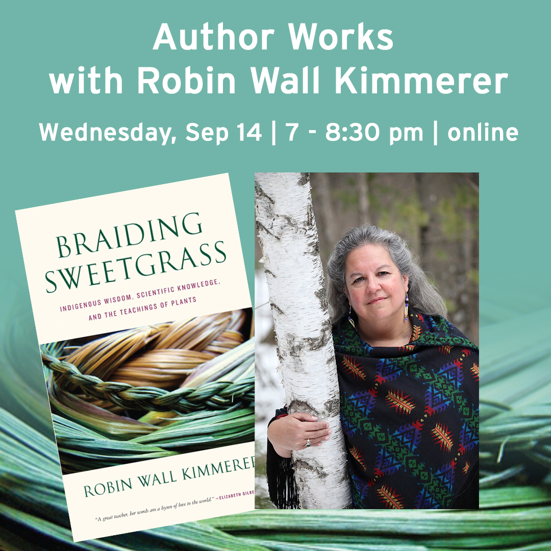 author robin wall kimmerer next to a birch tree and cover of book brainding sweetgrass