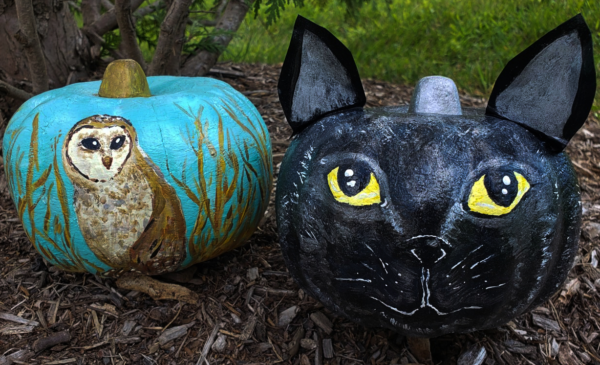 two pumpkins sitting on the ground, one painted with a barn owl  the other painted to look like a black cat's face