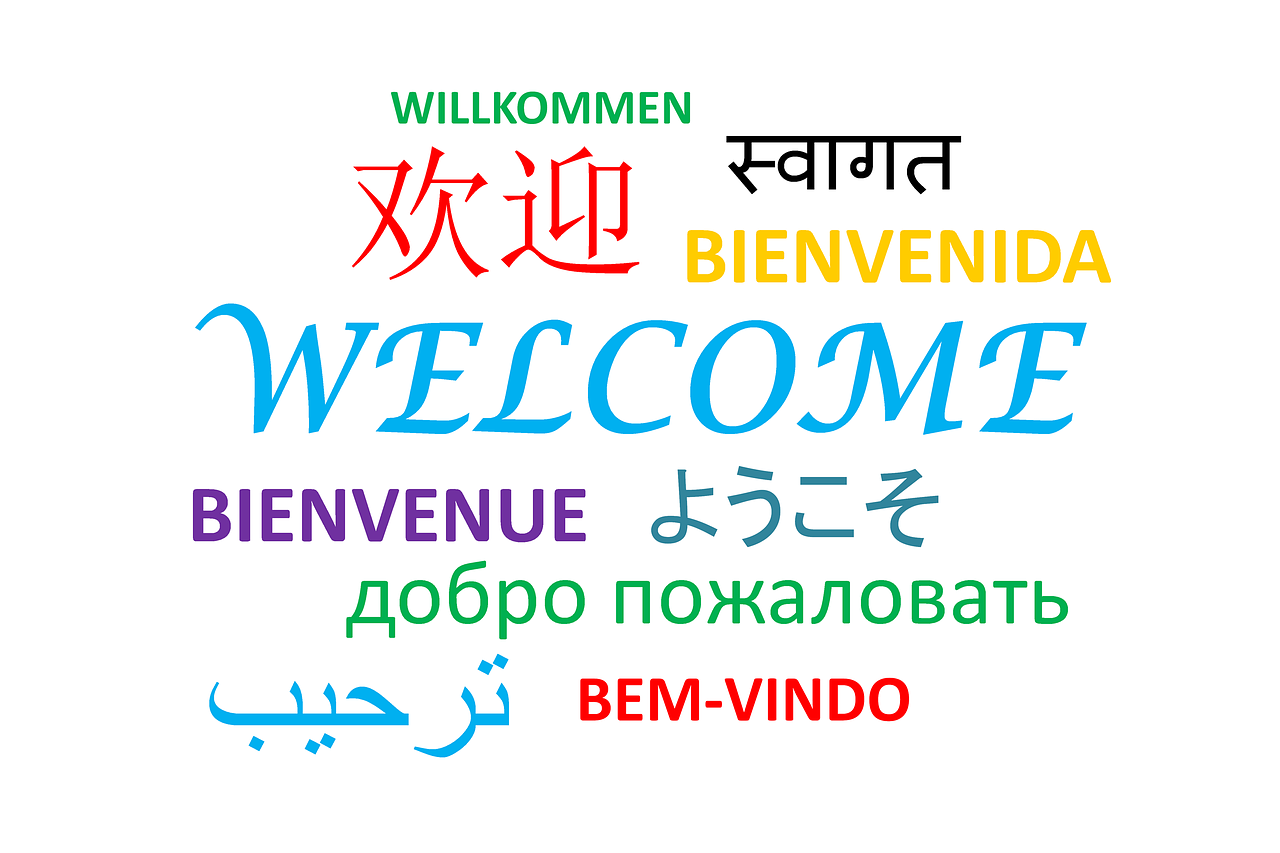 collage of the word welcome in different languages and colors