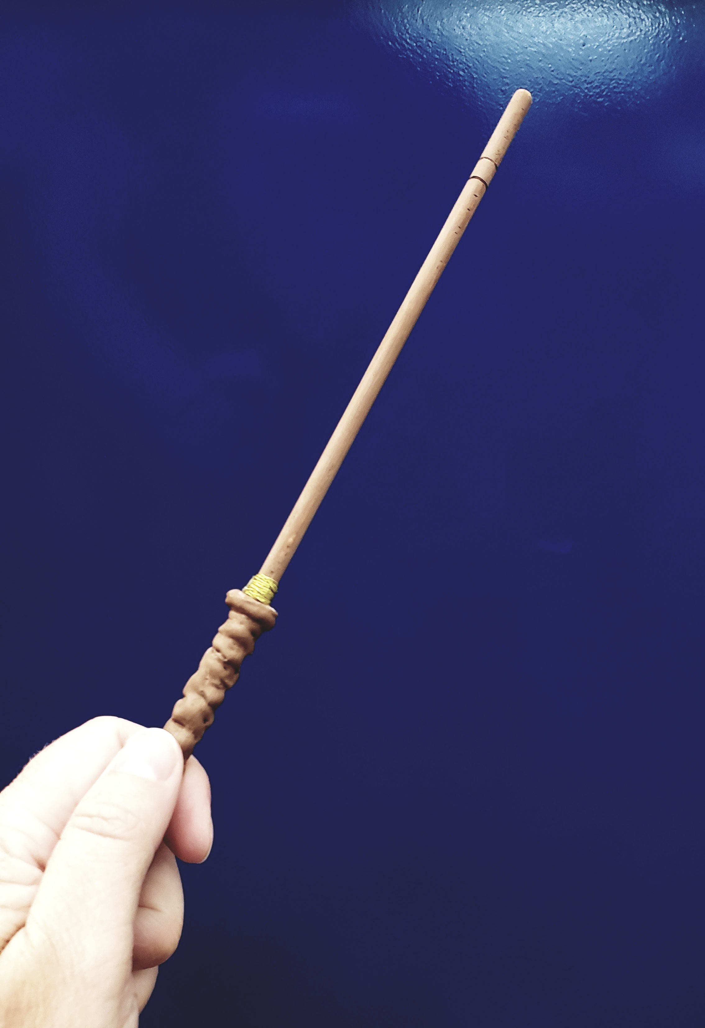 wooden wand shown against blue background