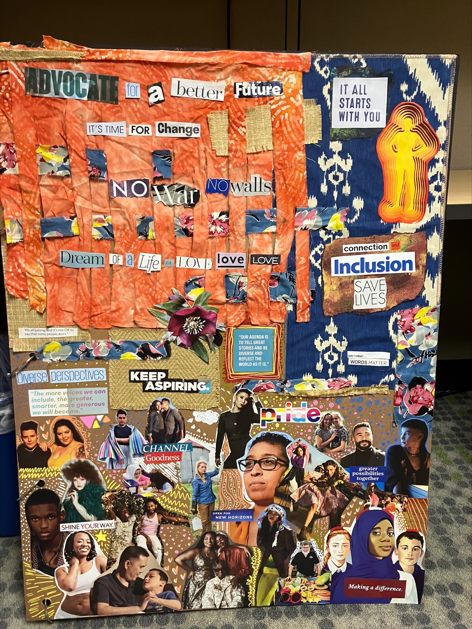 example of collage page from the Brave Storybook. It contains magazine cutouts of diverse faces, and words spelling out phrases 