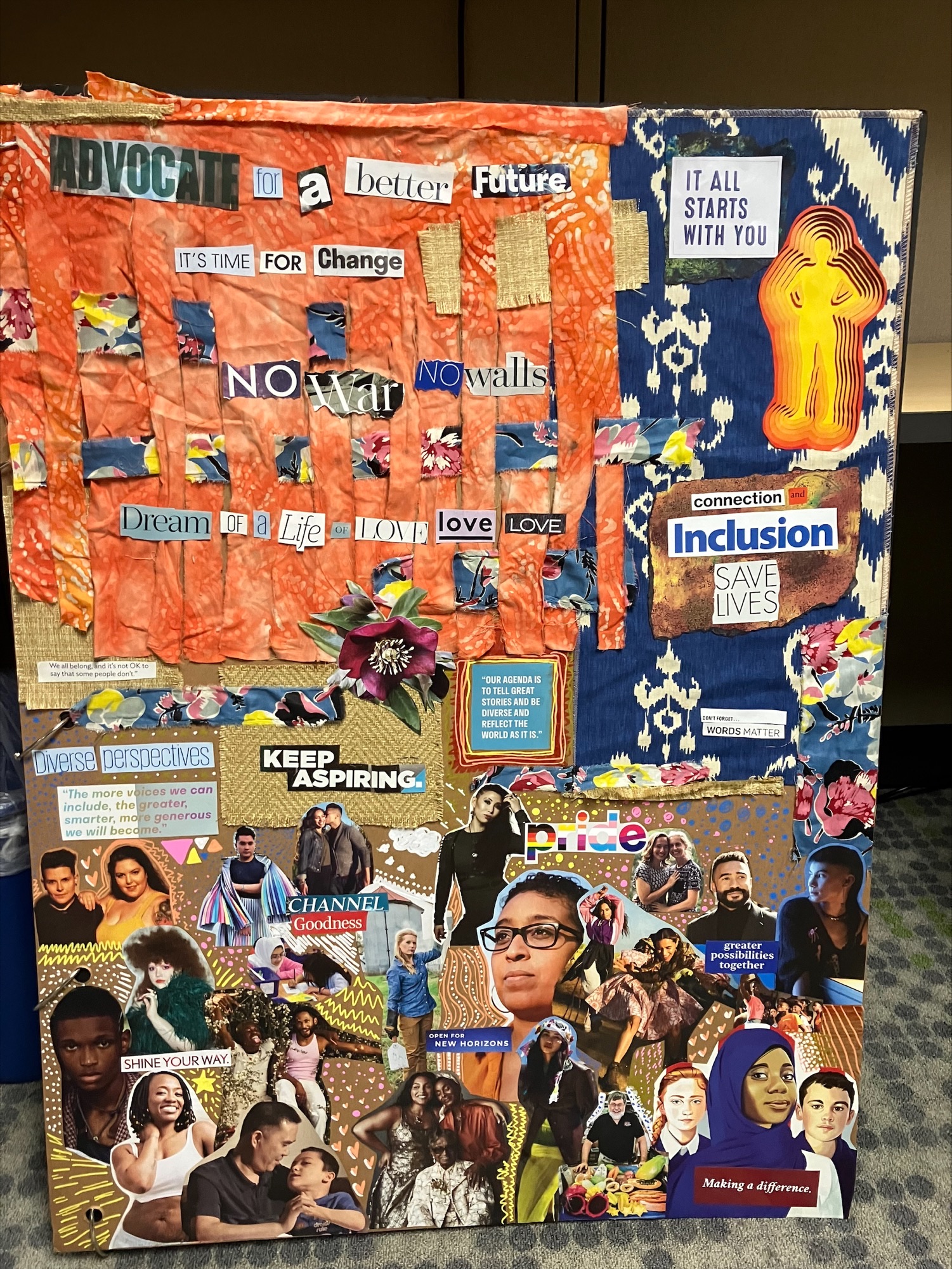 example of collage page from the Brave Storybook. It contains magazine cutouts of diverse faces, and words spelling out phrases