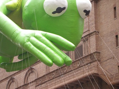 Kermit the Frog flying in Thanksgiving Day Parade