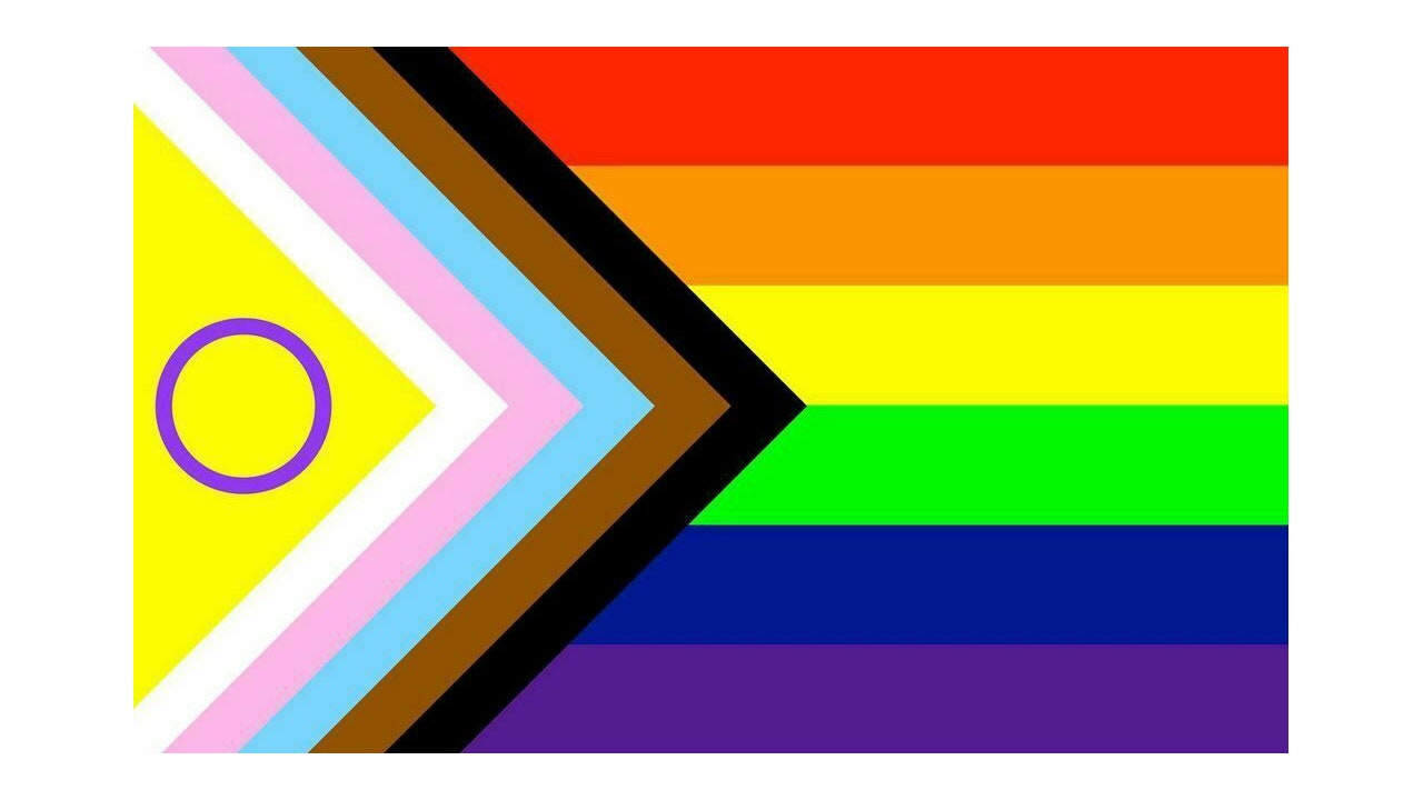 graphic of the progress pride flag, which includes chevrons of the intersex flag (yellow with a purple circle in the middle), trans flag (white, pink, and blue), and black and brown. On the right side of the flag is the typical rainbow stripes