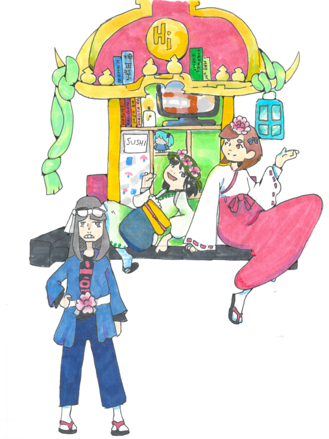 colored anime-style drawing of three figures in Japanese style garb