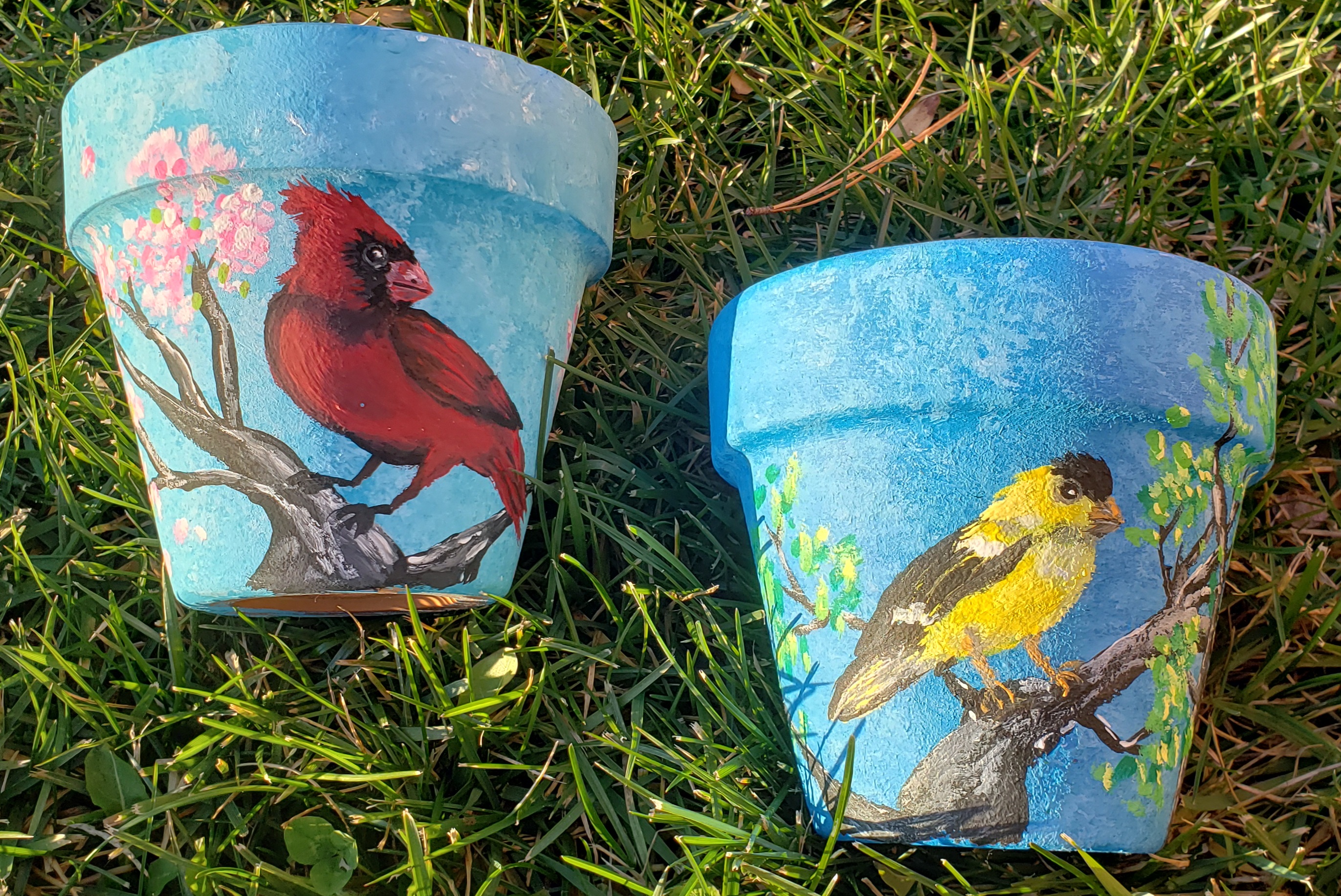 two pots painted with birds sitting in the grass