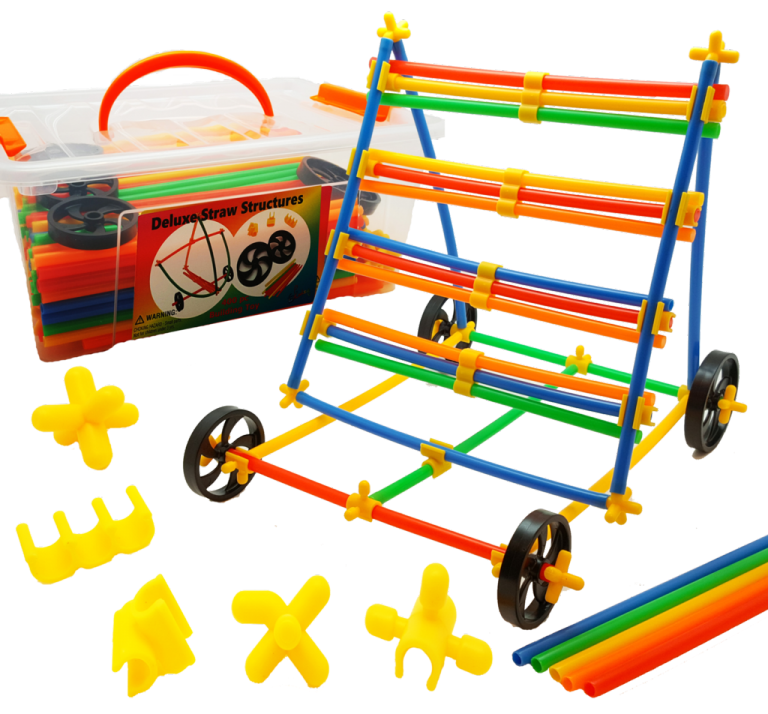 Colorful straws and wheels used as building toys