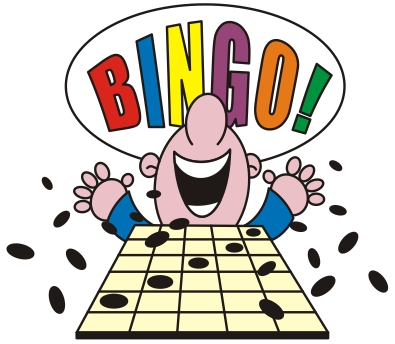 Cartoonist shouting, "Bingo!" as pieces scatter.