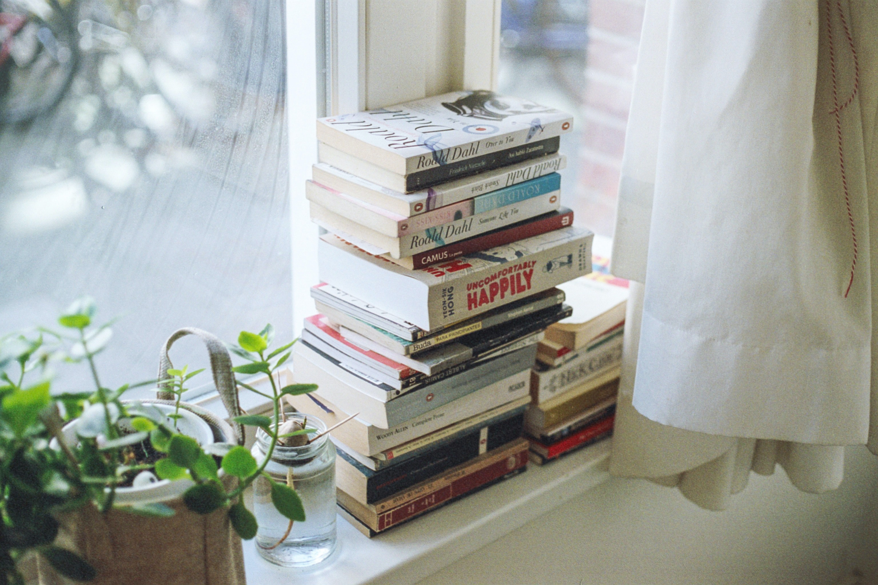 A stack of books sits in a window in the sunshine, with a houseplant adjacent and sheer white curtains.