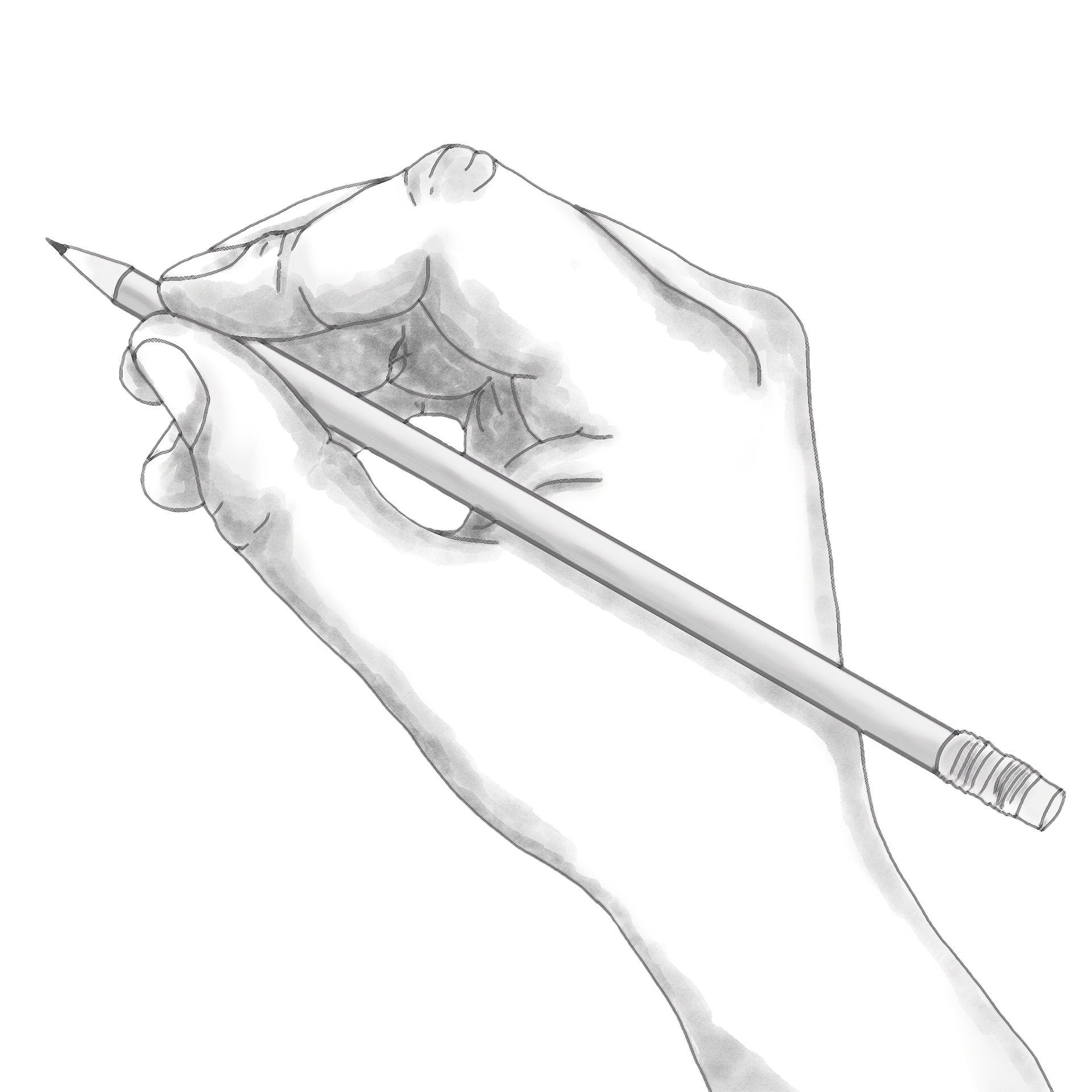 black and white line drawing of a hand holding a pencil