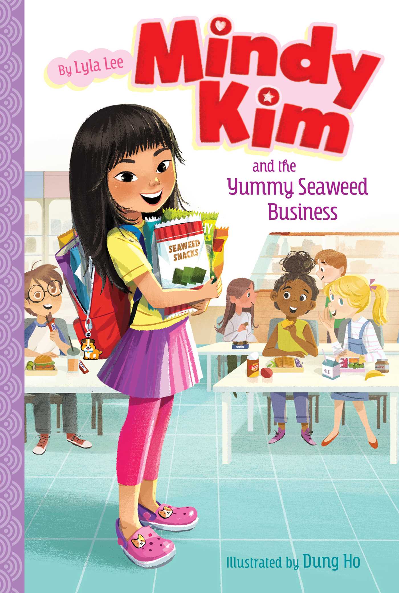 Cover of Mindy Kim and the Yummy Seaweed Business by Lyla Lee. Mindy is shown standing left of center wearing an overfull backpack and holding a bunch of bags of seaweed snacks. Other children sit at tables eating and talking in the background.