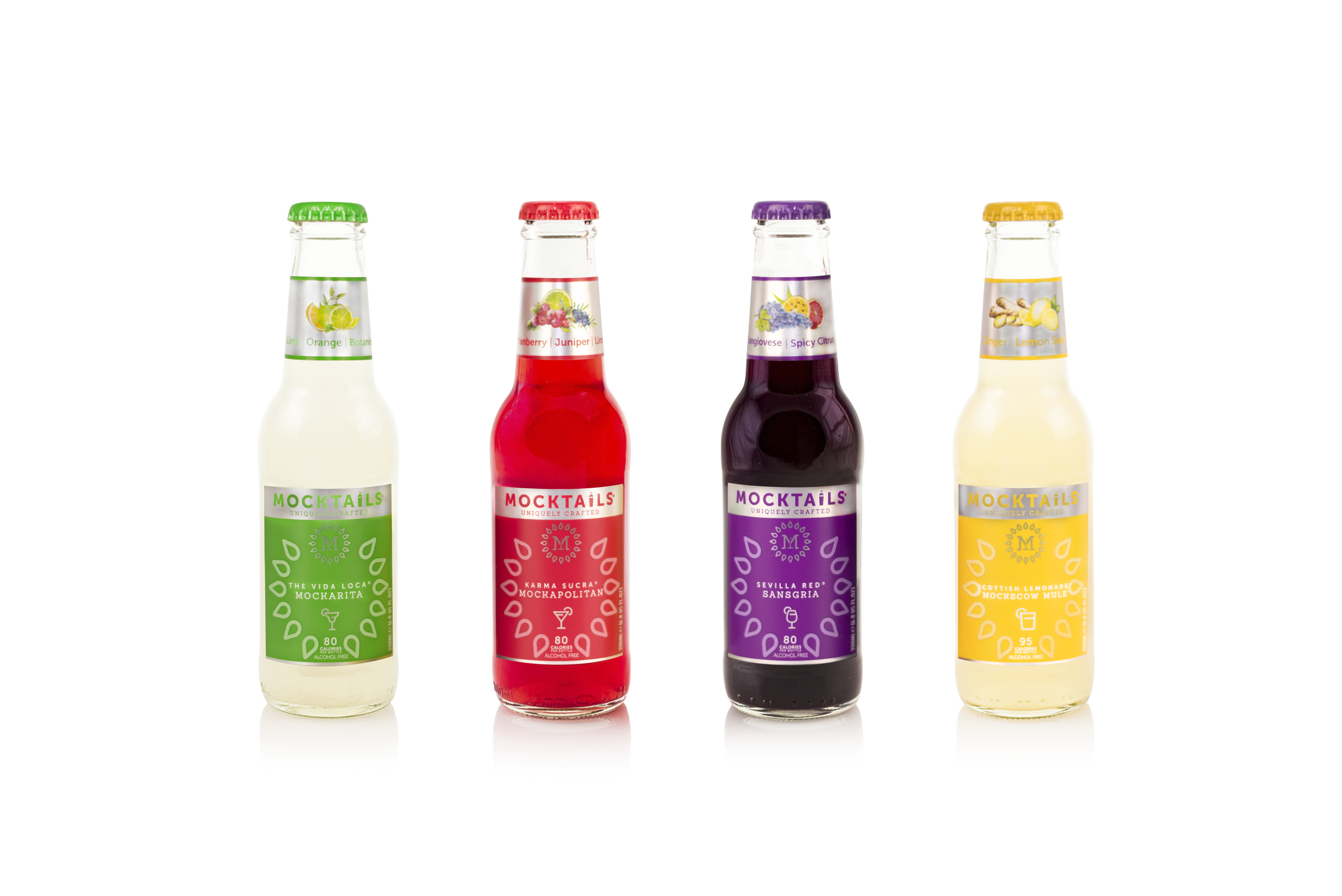 4 bottles of mocktails with different colored labels and liquid