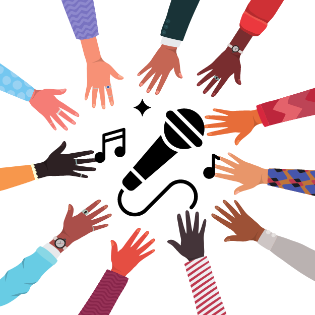 Hands of different colored people in a circle reaching for a microphone. 