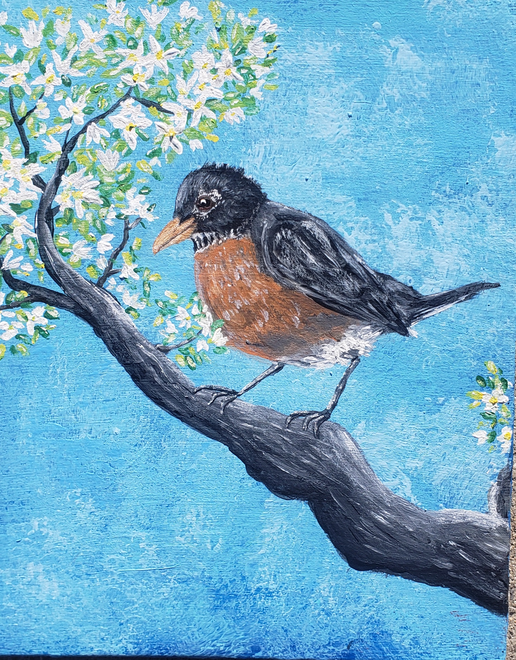 painting of a robin on a tree branch with flowers