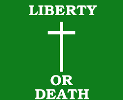 shamrock green background with a with cross and Liberty or Death writen under it
