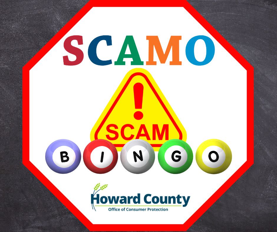 The words SCAMO and BINGO are writen out in bright colors with a warning in yellow, in the middle of a STOP sign shape.sign shape.