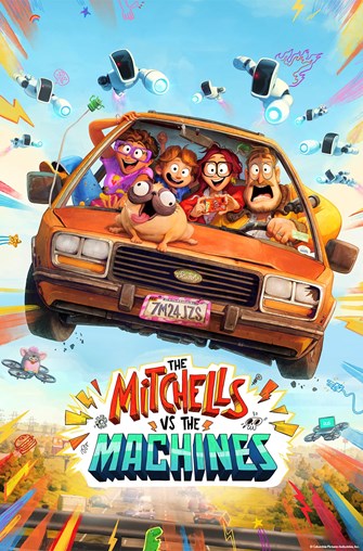 move poster with cartoon family in car