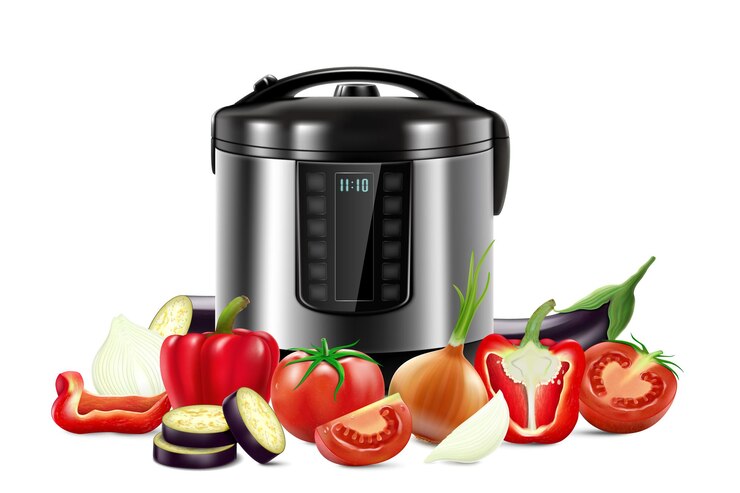 Instant Pot surrounded by fresh vegetables.