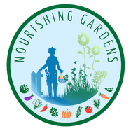 Noursishing Gardens  log with person gardening and pcitures of vegetables and fruits