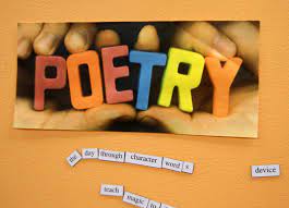 The words Poetry in different colors with fingers holding up the letters