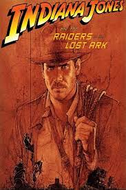 Movie title and waist-up image of archaelogist Indiana Jones, played by Harrison Ford. He is holding a rope on his shoulder. 
