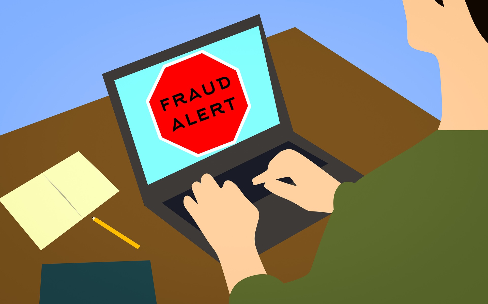 a person a laptop with the screen saying Fraud alert on a red sign