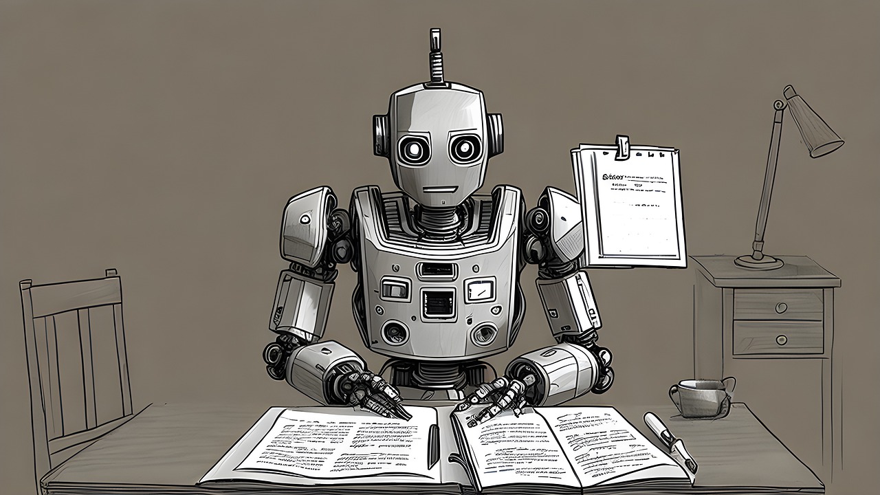 illustration of a robot sitting at a table, reading