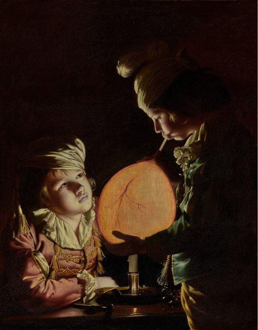 a painting with a small boy in a dark background