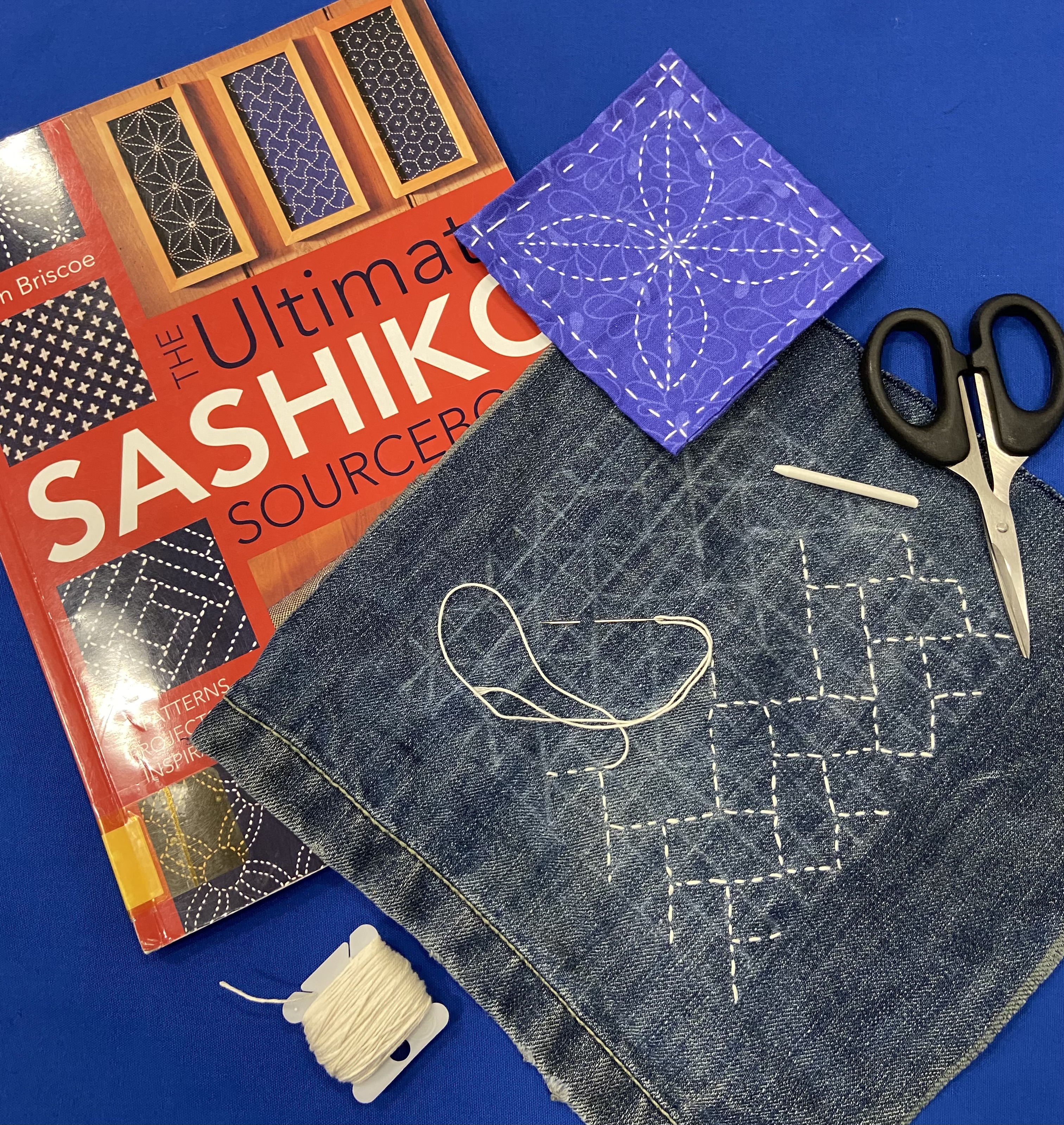 sashiko book, supplies, completed projects
