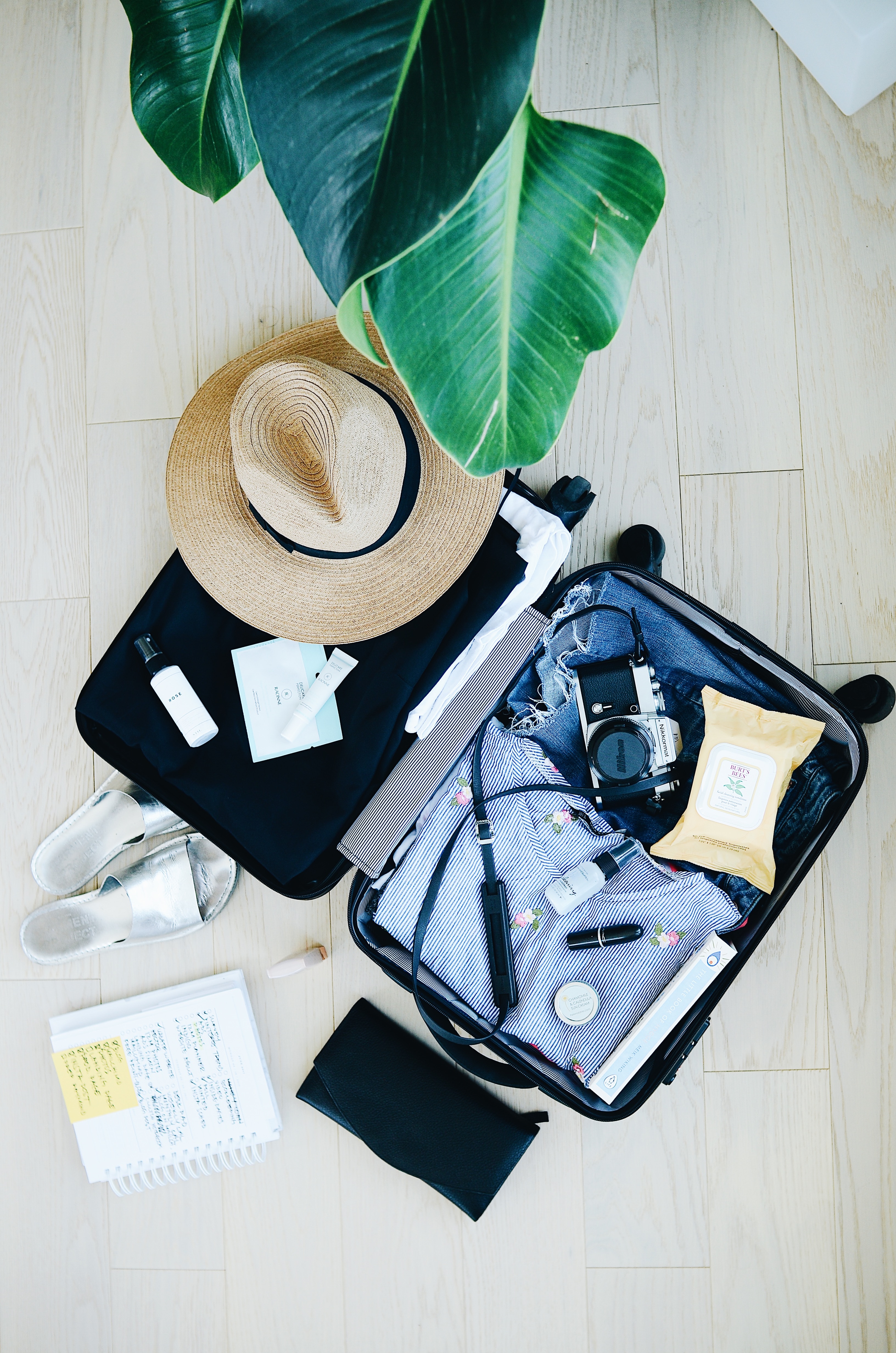 Open suitcase, neatly packed with a camera, sandles and hat near to a palm leaf. All ready for vacation.