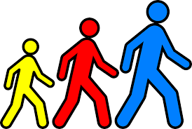 3 figures walking, figures are yellow, red and blue