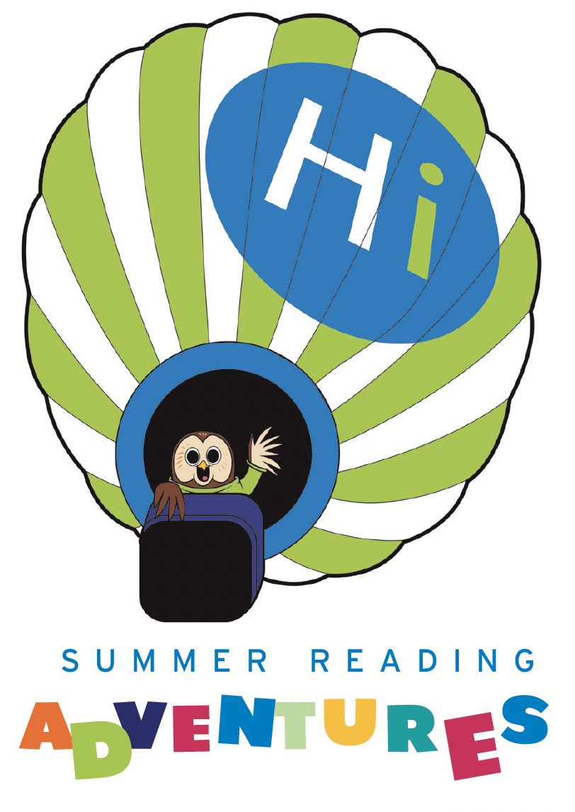 Hot air balloon with owl and text that reads summer Reading Adventures