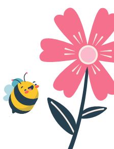an illustrated bee approaches a pink flower