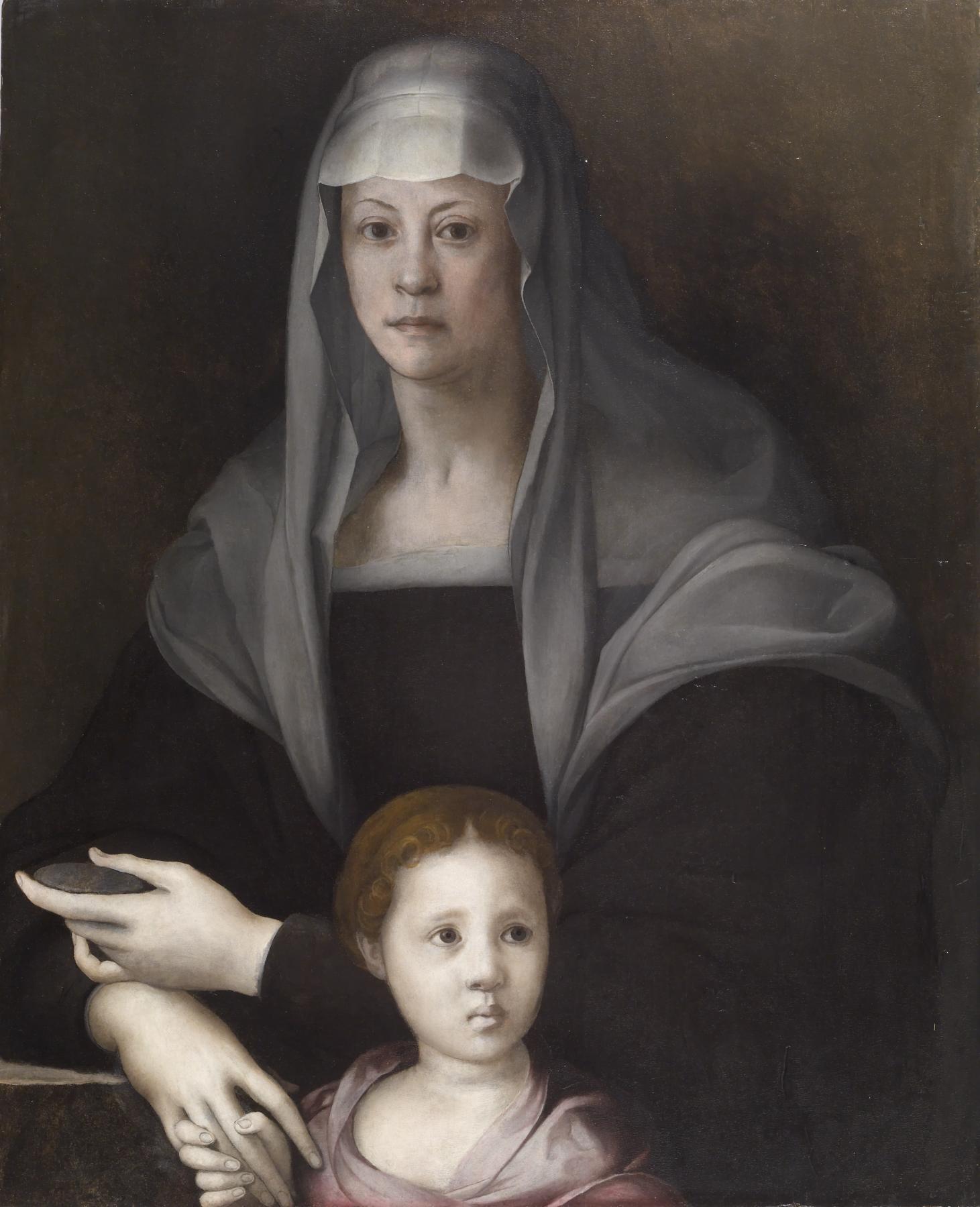 a women dressed in somber colors holding the hand of a small girl, wearing clothing from 16th century