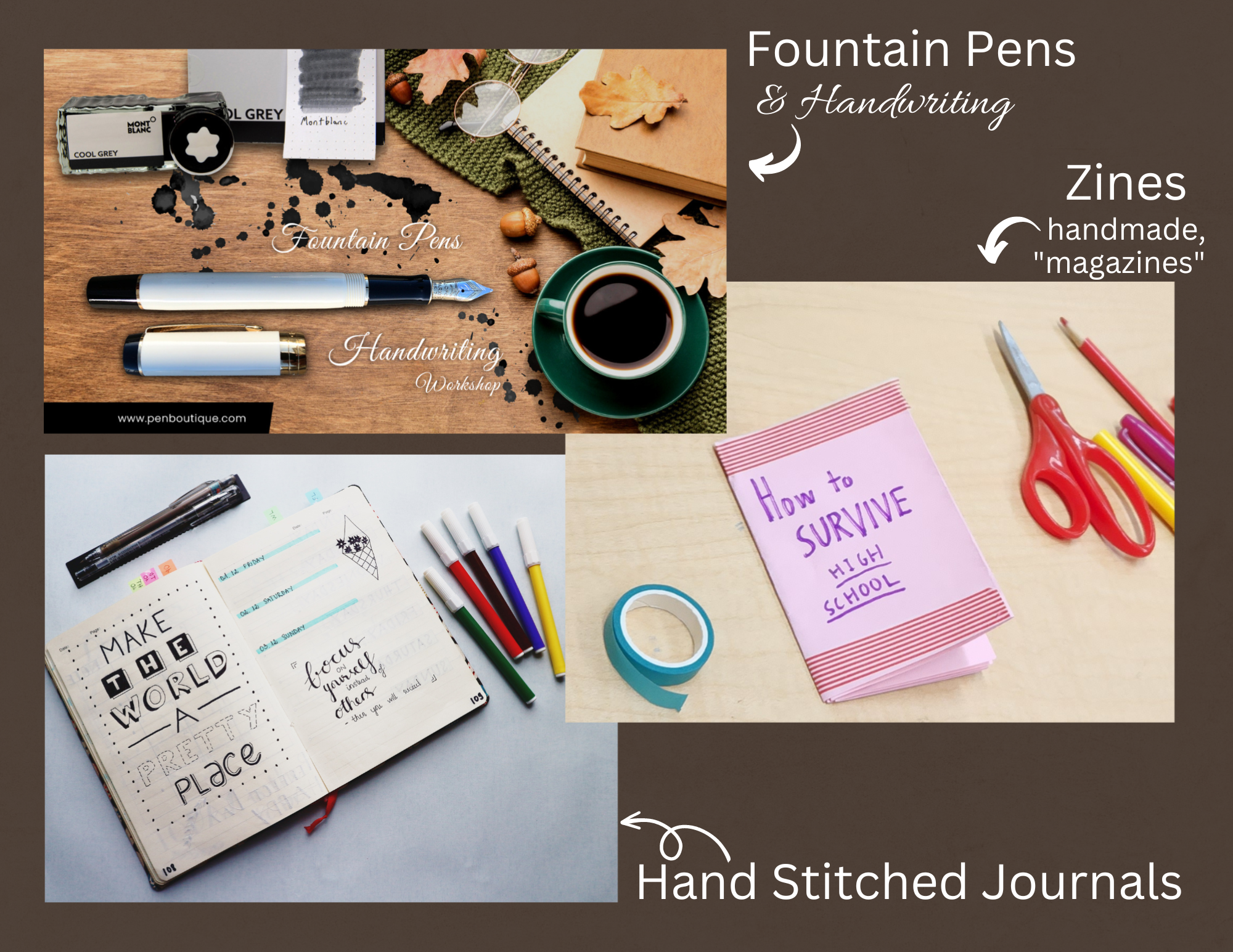 fountain pens, zines, journals