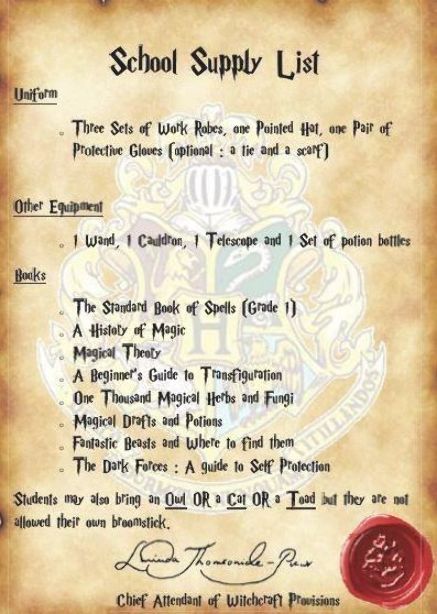 howgwarts school supply list