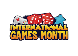 picture of video game controller, dice, and game token. words international games month