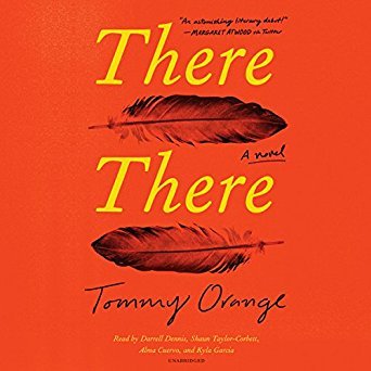 There There book cover, which has an orange background with 2 black feathers and the words 'There There' in yellow.