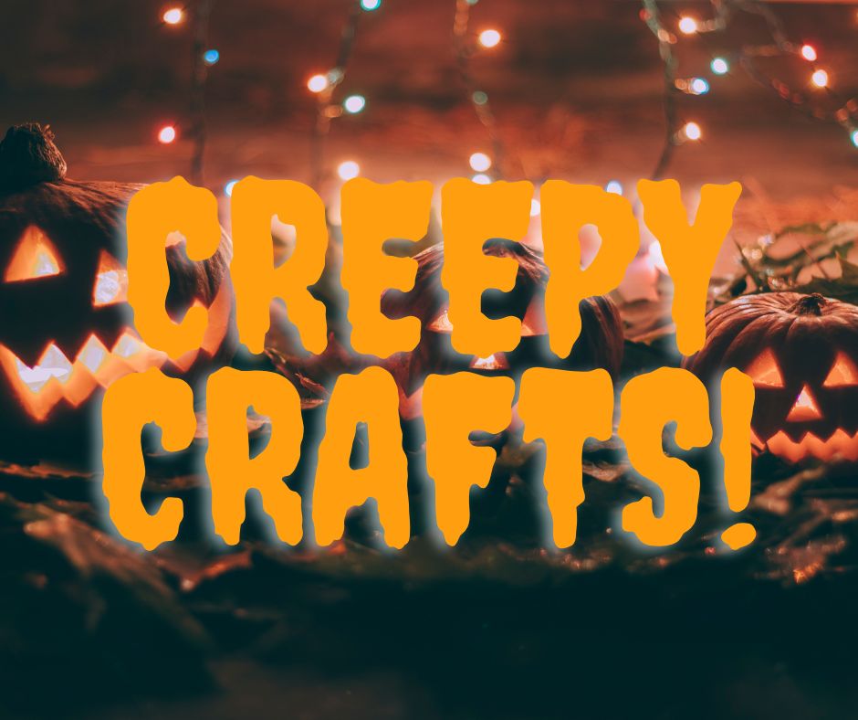 Background of jack o' lanterns with text in front saying creepy crafts.