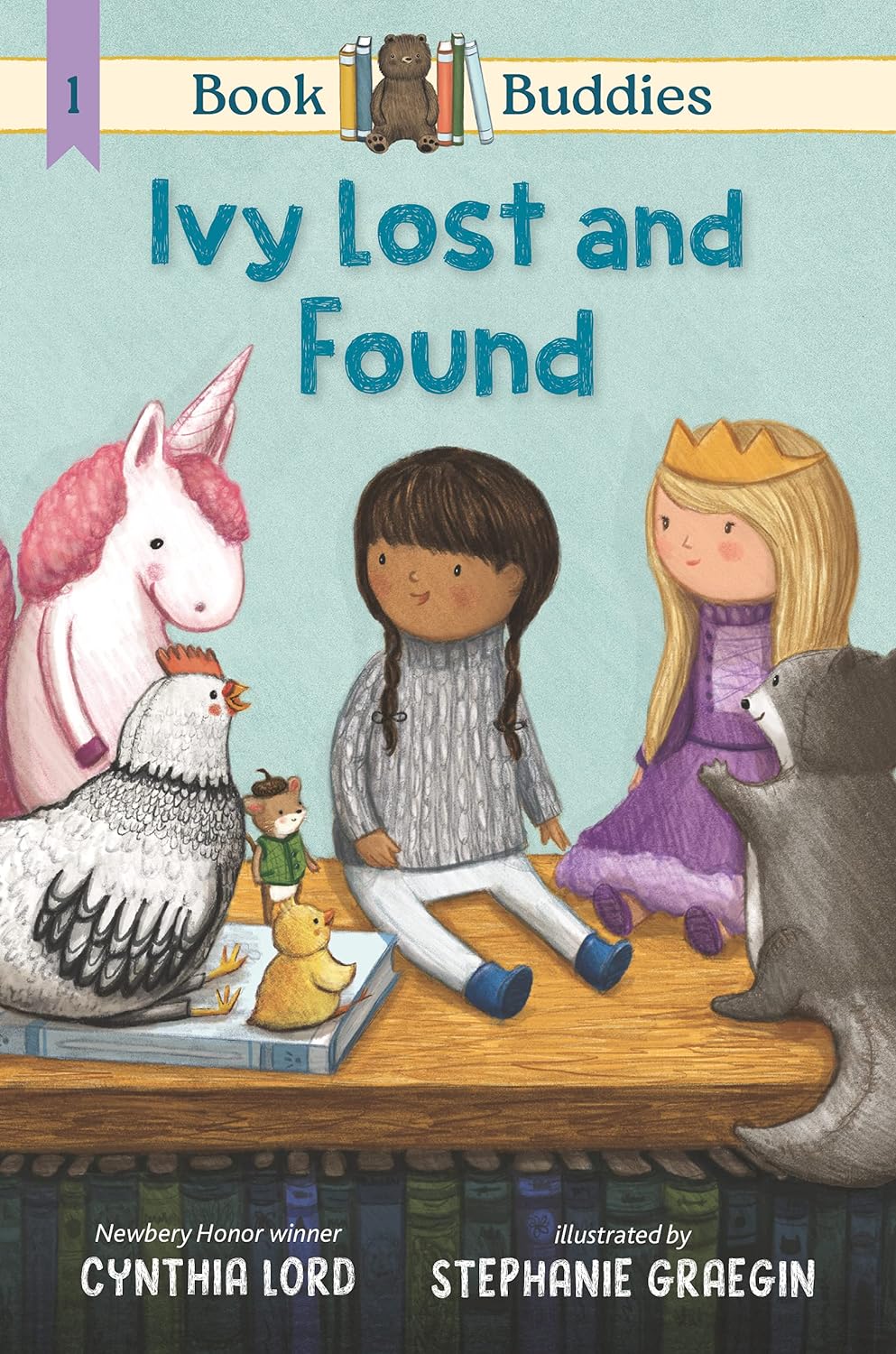 Cover of Ivy Lost and Found, showing a group of toys sitting on top of a book shelf.