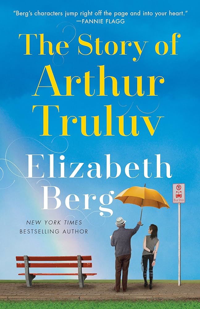 Book cover shows blue sky, a red bench, a man holding a yellow umbrella over a woman's head.
