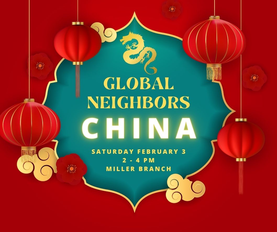 Event details set against a green and red background outlined by red Chinese lanterns and a gold dragon.