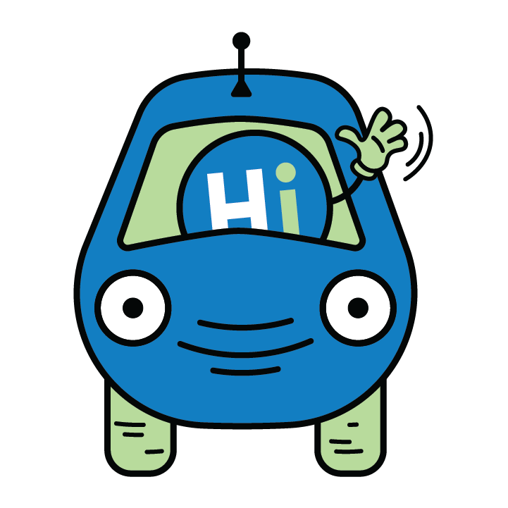Blue and green bus cartoon with a smiling face at the front