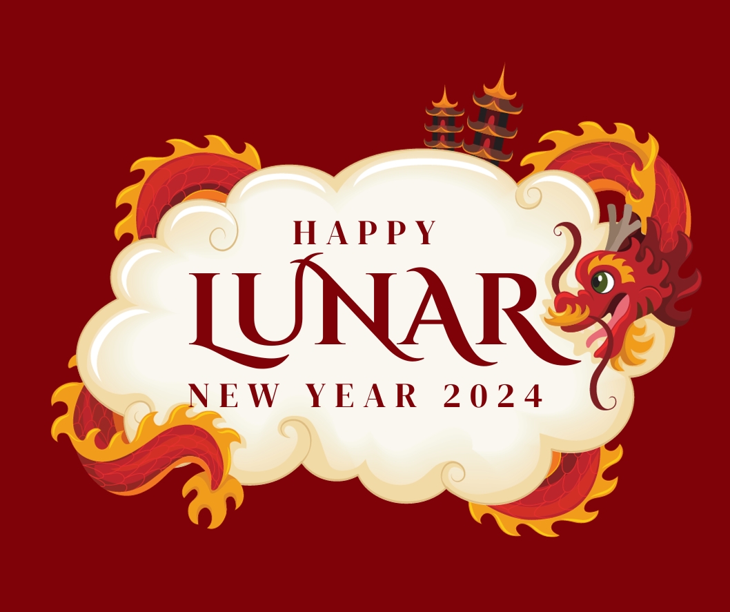 Happy Lunar New Year 2024 in red font set against a cloud with a Chinese type dragon circling against a red background. 