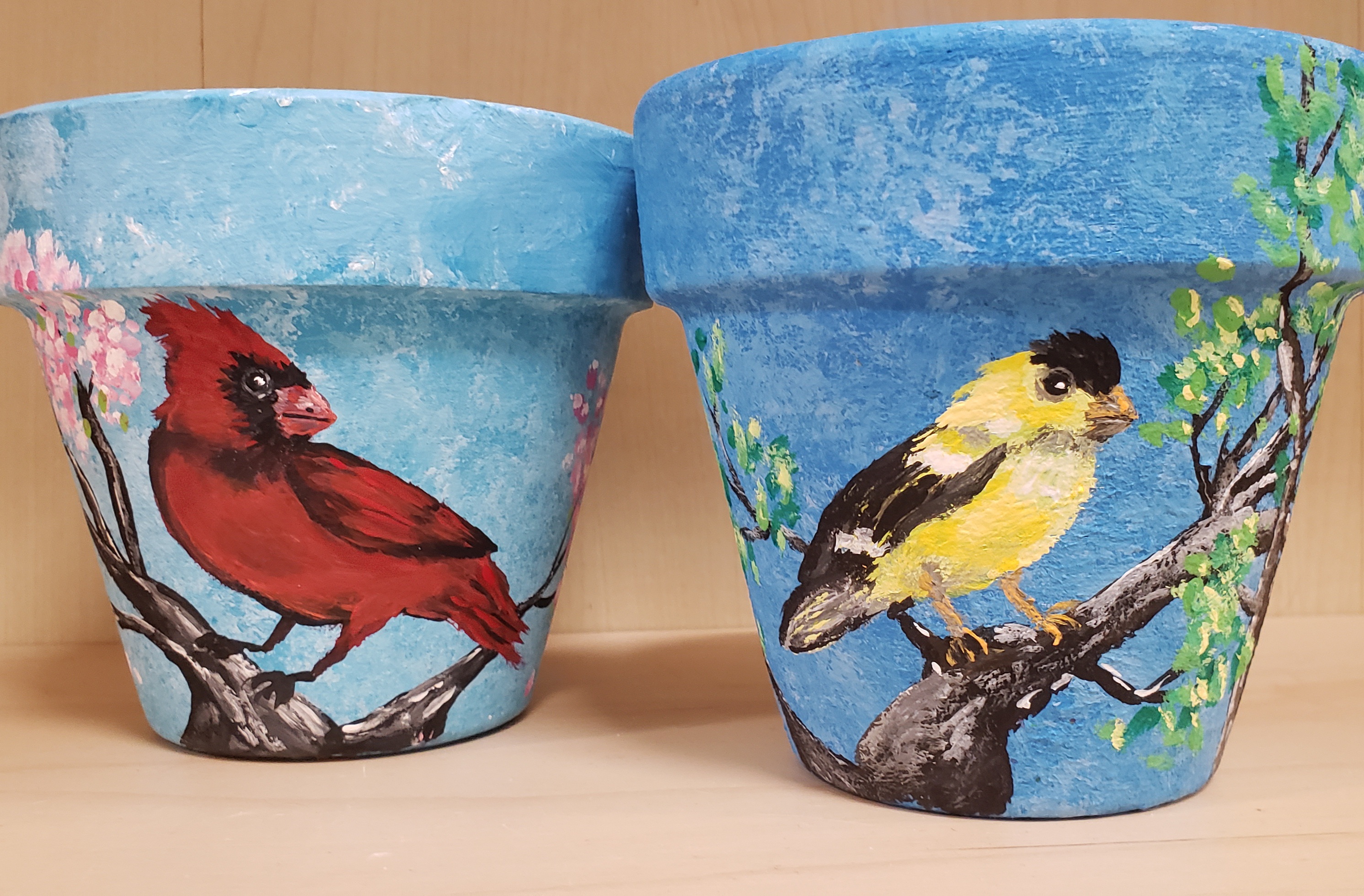 Painted pots with birds
