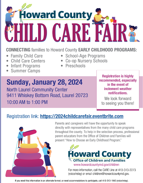 Pink and white flyer image of the child care fair